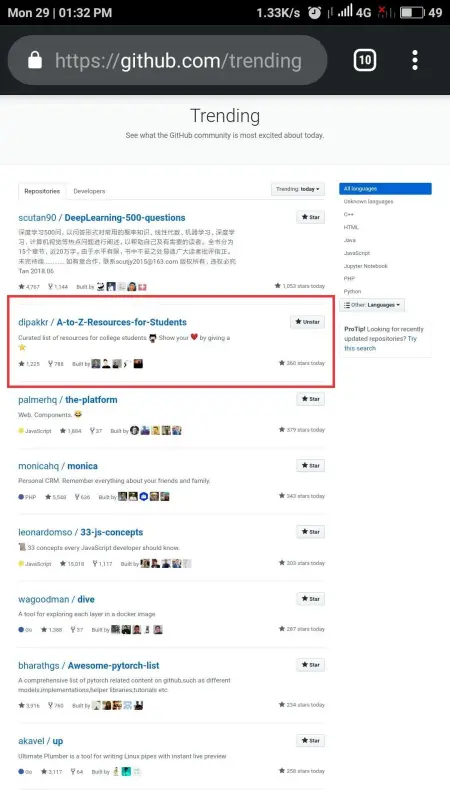 GitHub Trending page with A-to-Z Resources for Students highlighted